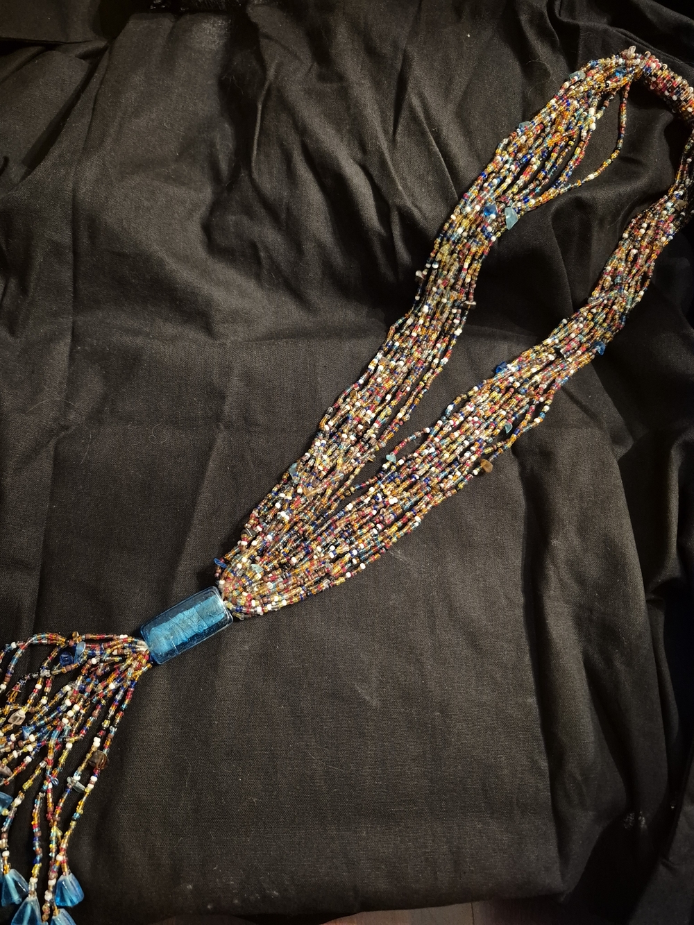 Multicolor Seed Bead Tassel Necklace with Turquoise Accent